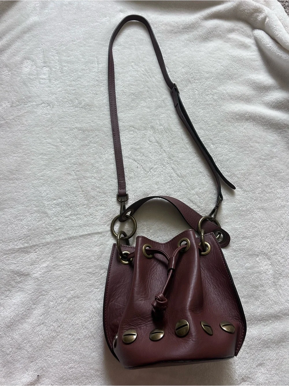 Stella Bianca Brown Italian Leather Brass Studded Drawcord Bucket Crossbody Bag